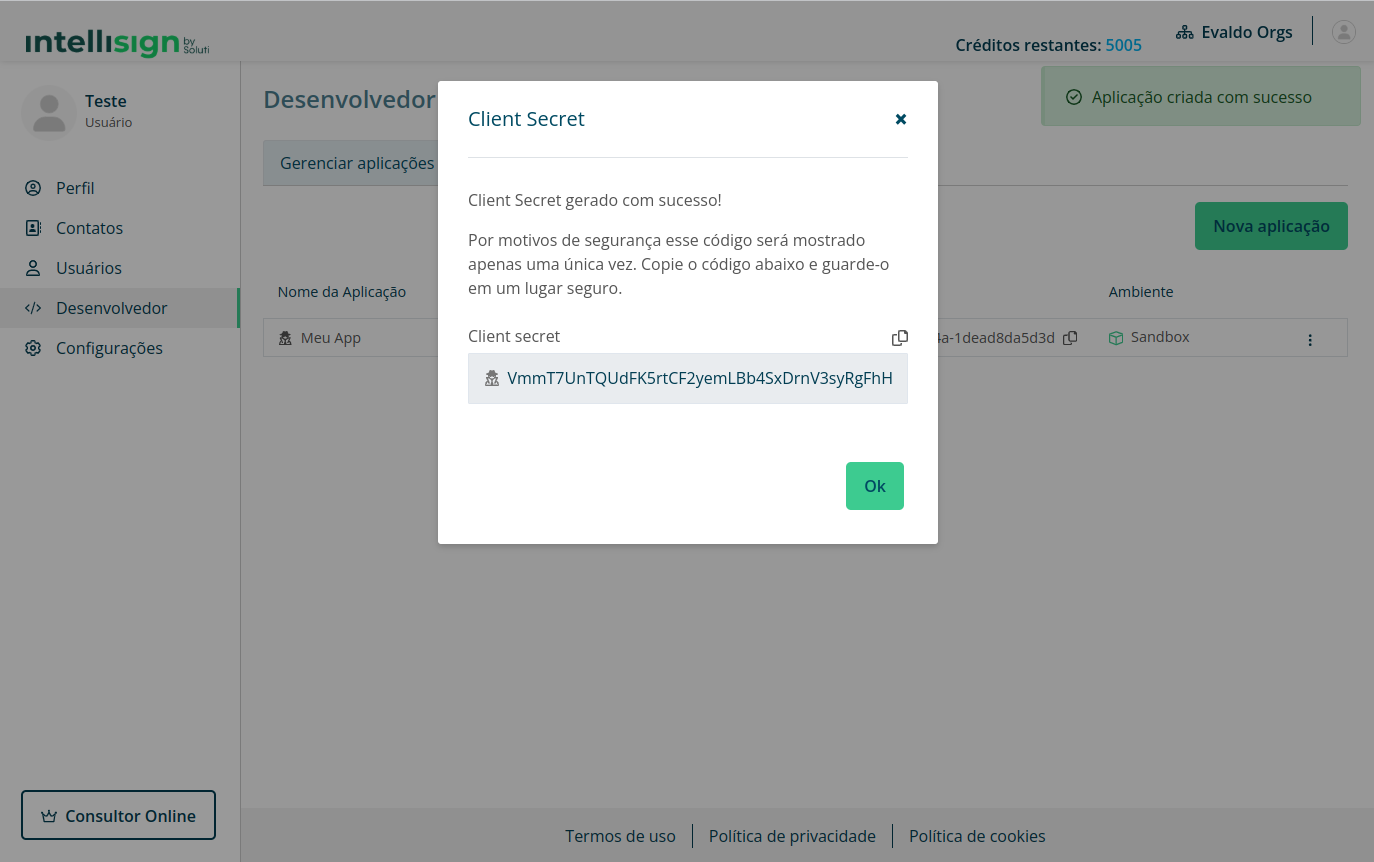tela da modal de client secret